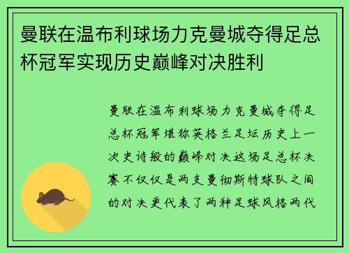 曼联在温布利球场力克曼城夺得足总杯冠军实现历史巅峰对决胜利